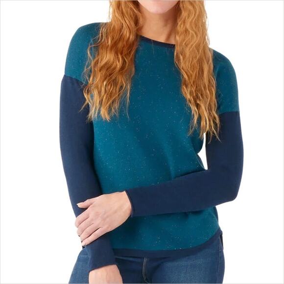 SMARTWOOL Women's Shadow Pine Colorblock Crew Sweater Twilight Blue Donegal Sz S - Picture 1 of 9